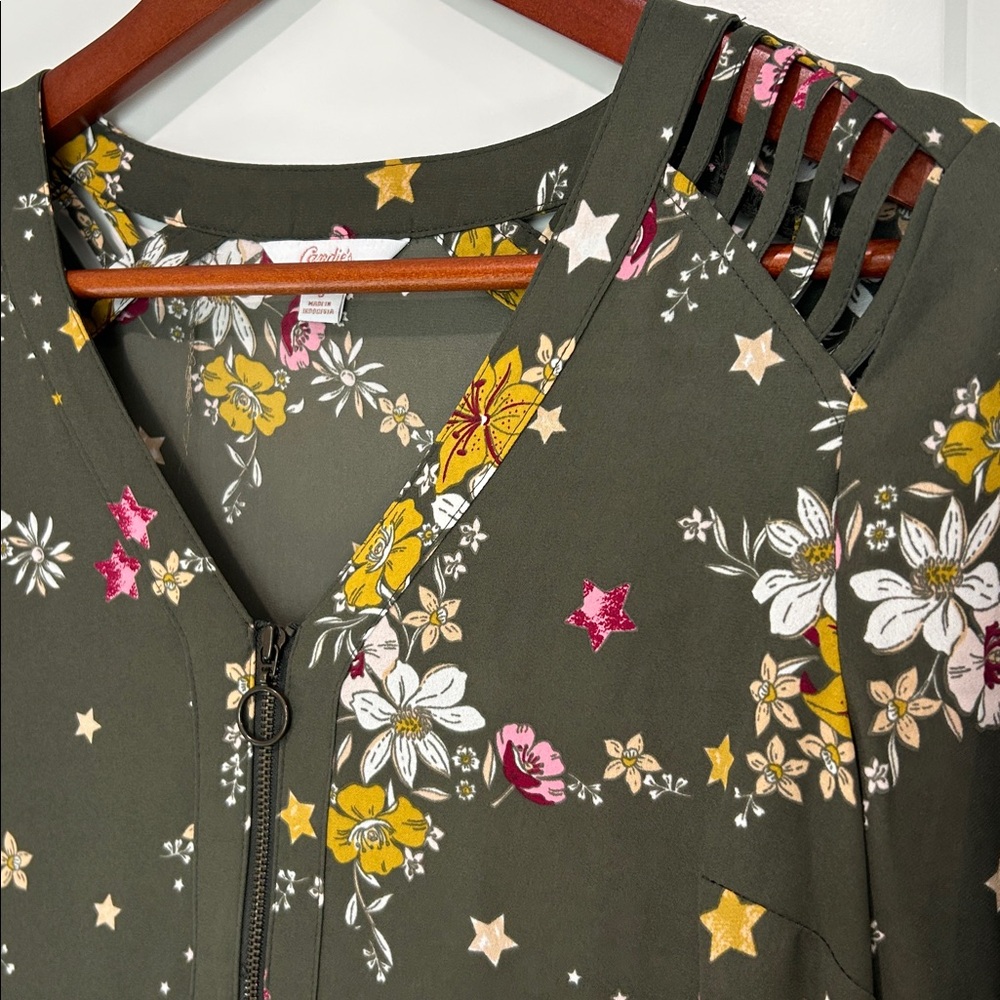 Candie's Floral Blouse S - Olive Green with Yellow and Pink